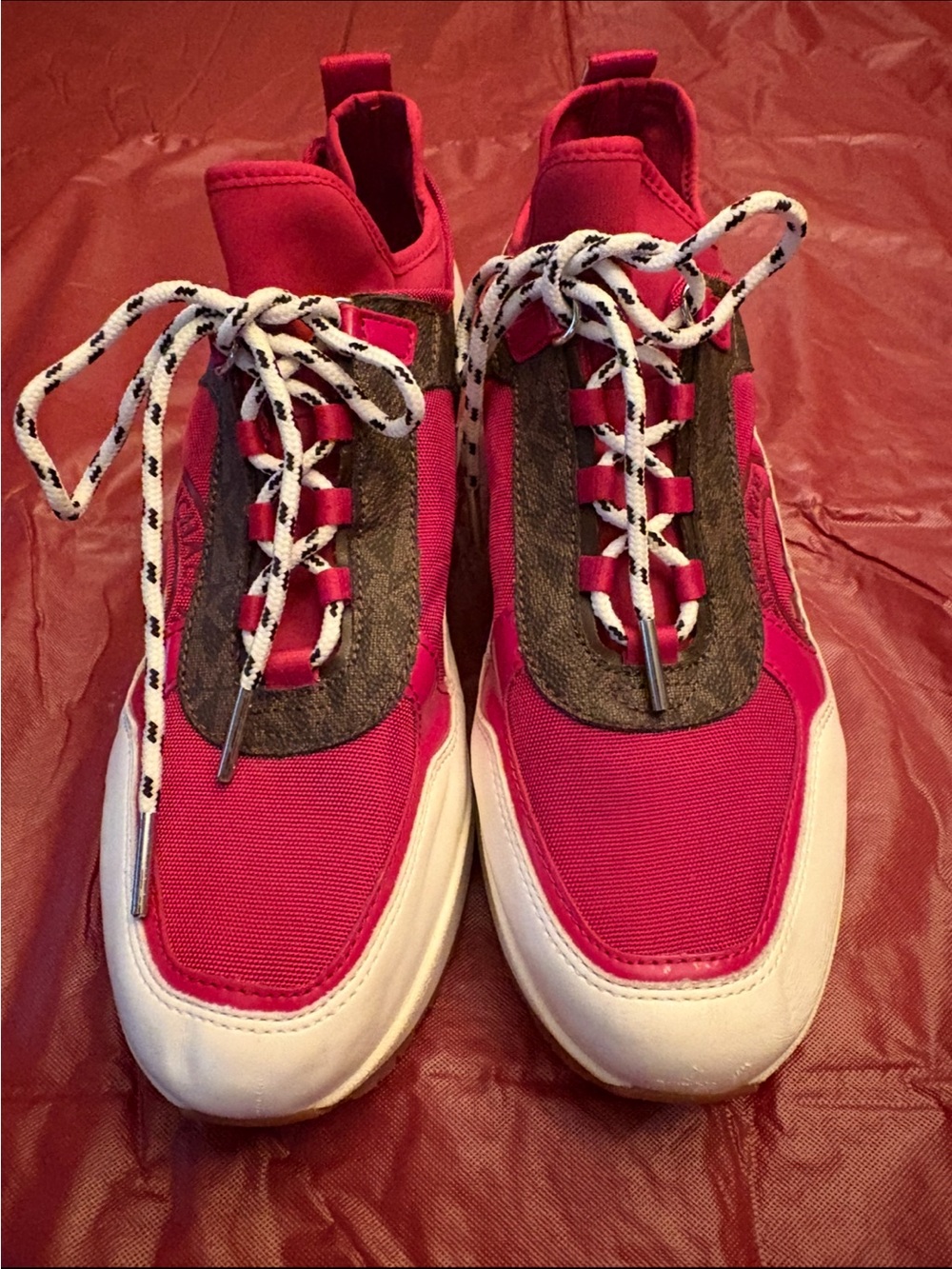 Michael Kors Red with Brown Signature Logo-Print Canvas panels Sneakers Size 8